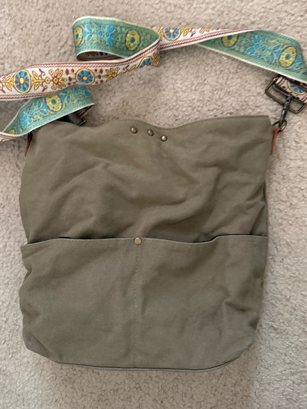 Boho Olive Canvas Crossbody Bag with Patterned Strap